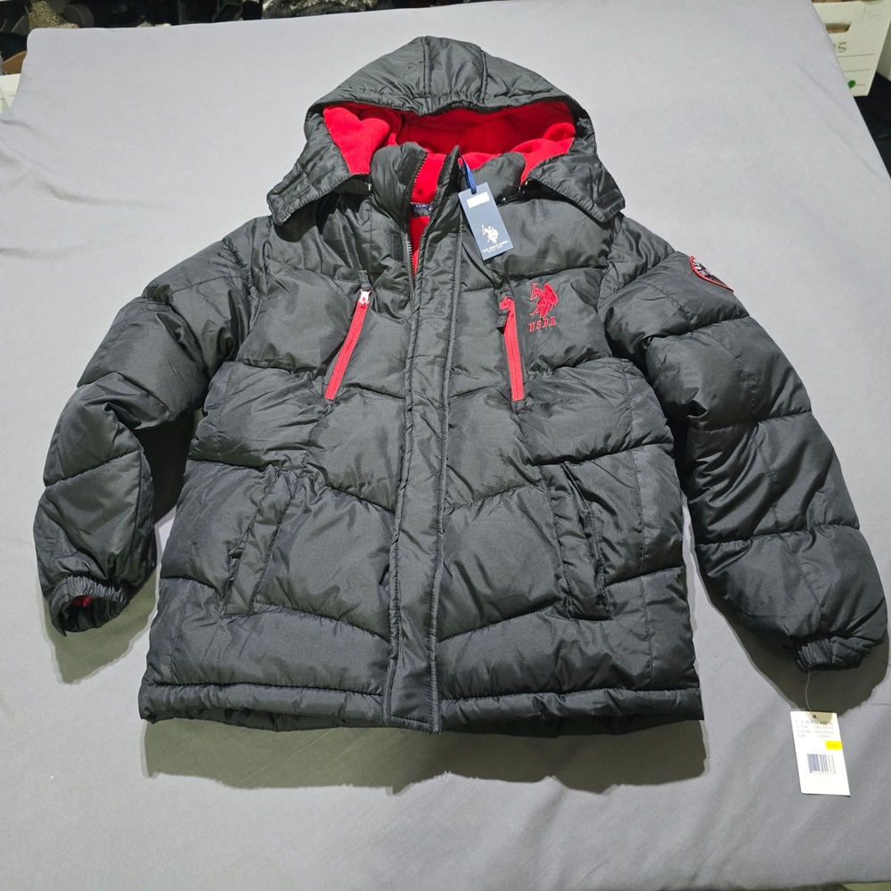 U.S. Polo Assn. Puffer Jacket Kids Size L 14/16 Black Red Fleece Lined Hooded - Picture 1 of 9